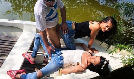 Подруги катаются с парнем из Детройта по речке и заниматся групповым сексом на свежем воздухе